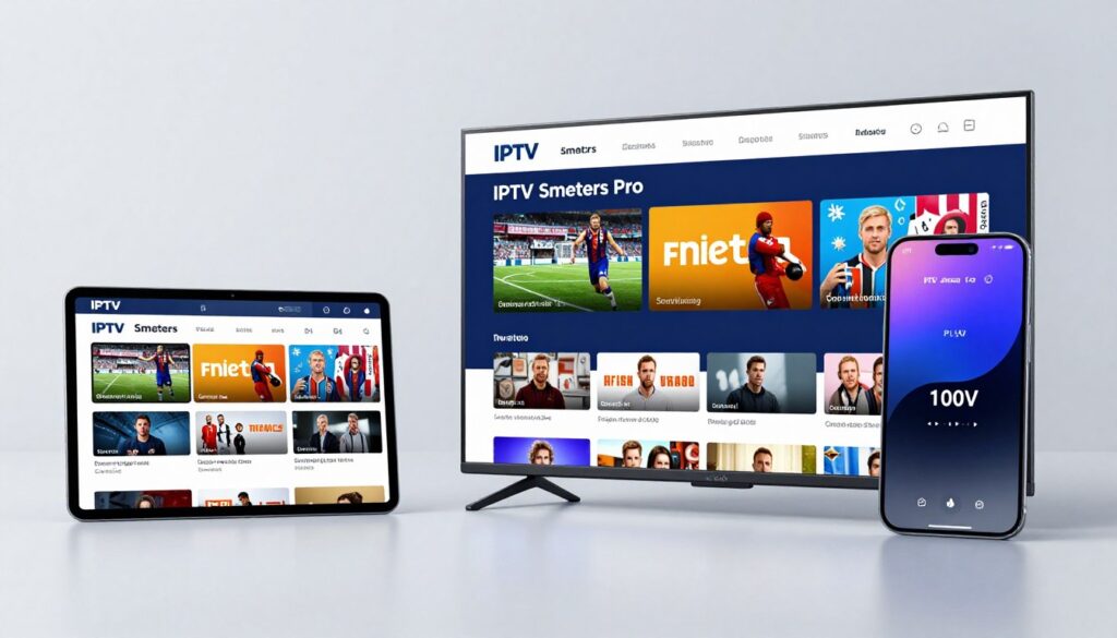 IPTV Smarters Pro subscription interface showing live channels and on-demand content on multiple devices