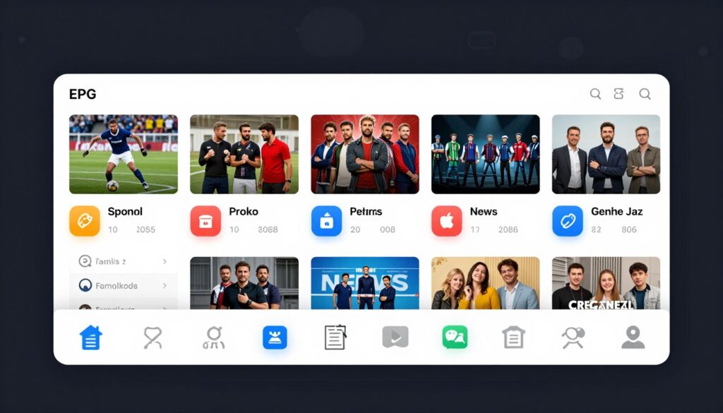 IPTV channel guide showing various categories including sports, movies, news, and entertainment