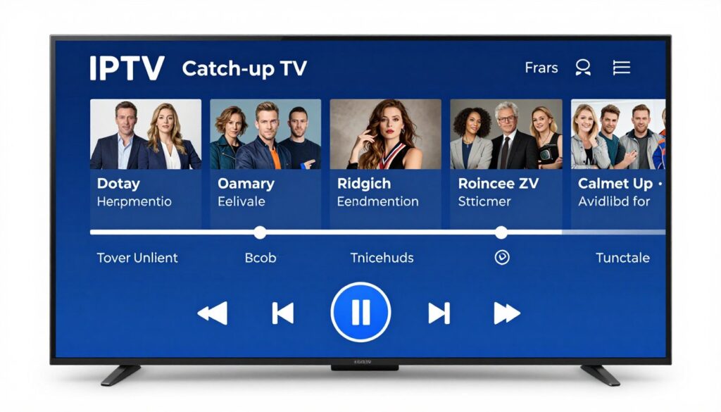 IPTV interface showing catch-up TV and time-shift features with program timeline