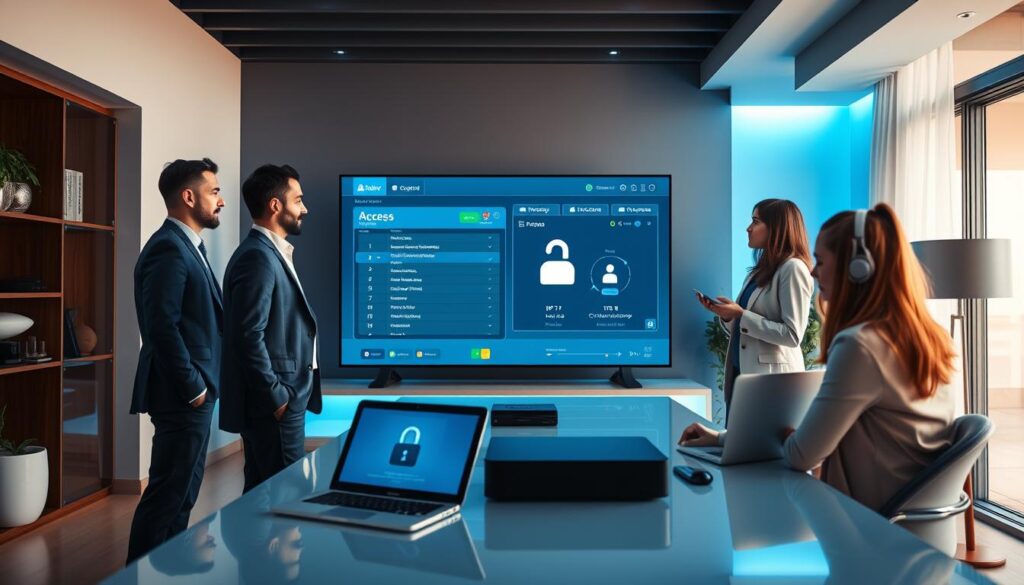 Illustrate a scene focused on IPTV access management, featuring a sleek, modern home office environment. In the foreground, a diverse group of three professionals—two men and one woman—all dressed in smart business attire, are engaged in a discussion around a large digital screen displaying an IPTV management interface. In the middle ground, a stylish desk with high-tech devices, including a tablet and a laptop, highlights the theme of access control. The background shows a well-lit, contemporary room with subtle blue accents reflecting the brand color of bluefireiptv.com, creating a high-tech and secure atmosphere. Use soft lighting to evoke a sense of professionalism and focus. Ideal for a technical topic, the angle should be slightly angled downward to capture all elements effectively while ensuring clarity and depth.