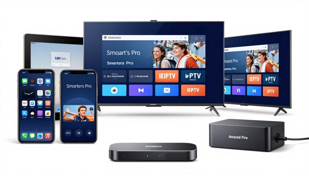 Multiple devices displaying IPTV Smarters Pro including smartphone, tablet, smart TV, and streaming box