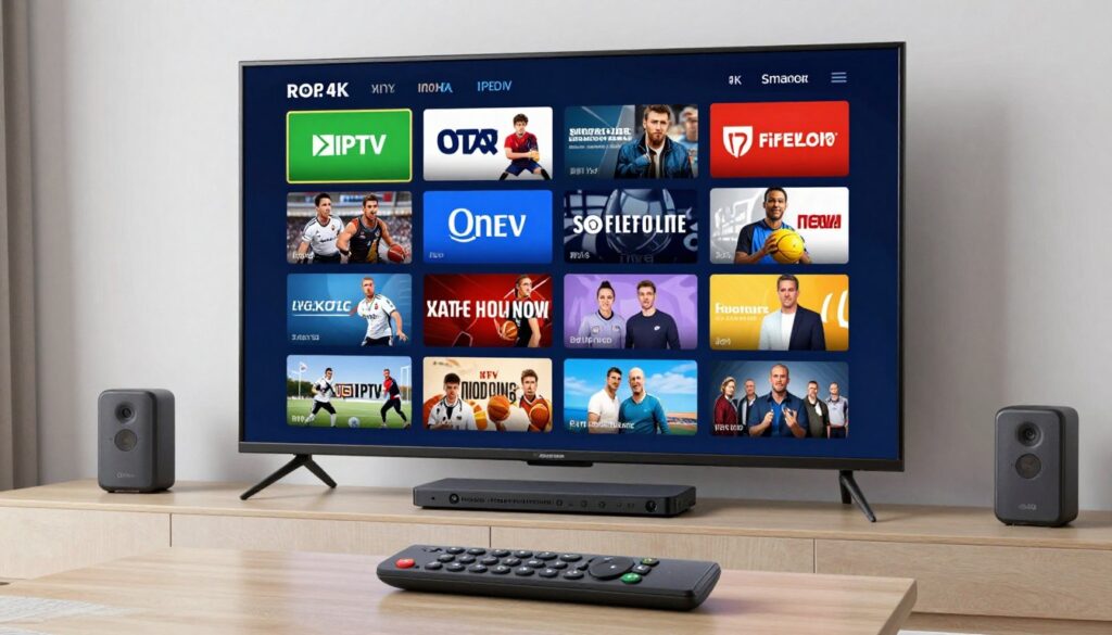Premium firestick iptv streaming interface showing live channels and VOD content on a modern television