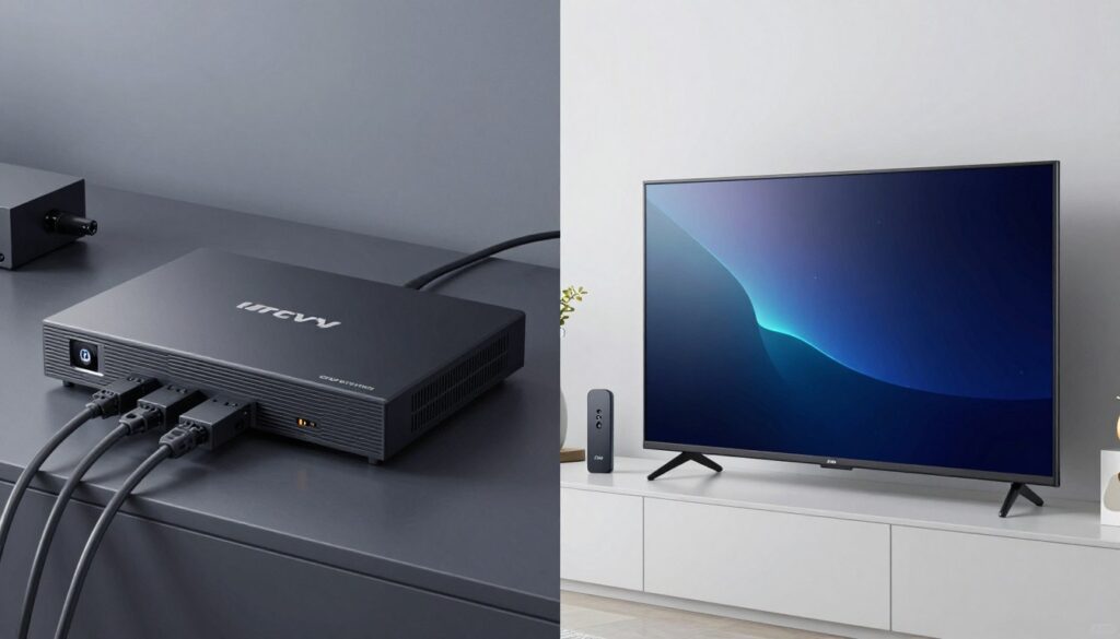 Side by side comparison of cable TV setup versus IPTV streaming setup