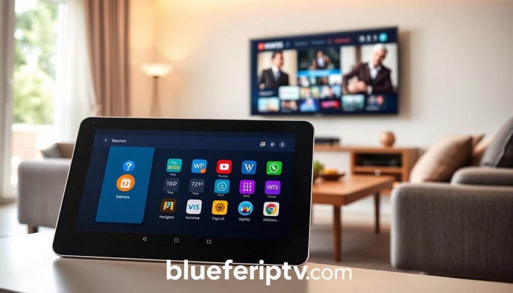 a sleek and modern tablet displaying the Televizo IPTV player interface, with vibrant icons and user-friendly navigation features prominently visible in the foreground. Surround the tablet with a cozy living room setting, including a stylish couch and a coffee table, enhancing the warm and inviting atmosphere. In the background, a flat-screen TV can be seen showing dynamic streaming content. Use soft, natural lighting to create a bright and welcoming mood, with a slight depth of field effect to draw attention to the tablet while softly blurring the background. The overall tone should be approachable and beginner-friendly, conveying the theme of seamless streaming with premium options. the brand name "bluefireiptv.com" subtly integrated into the scene without being prominent.