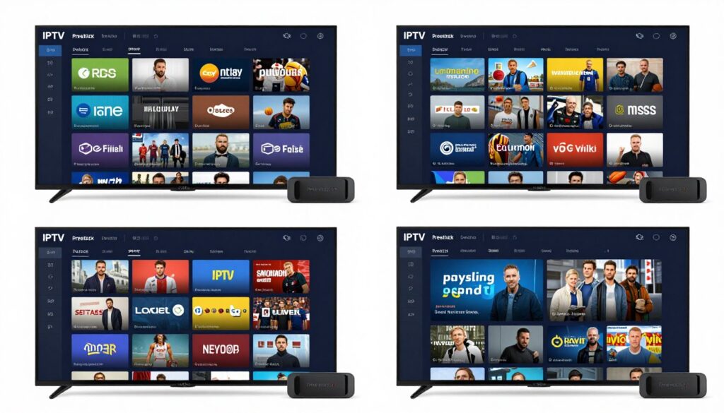side by side comparison of multiple iptv provider interfaces showing channel selection and streaming quality on firestick