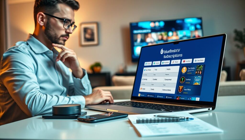 A close-up view of a modern home office space, focusing on a sleek laptop displaying a user-friendly IPTV subscription management interface. In the foreground, a professional individual in business attire is actively engaged in managing their IPTV subscription, with a thoughtful expression. The middle ground features a stylish desk with streaming device options, a smartphone next to the laptop, and a notepad with a list of favorite channels. The background displays a cozy living room setup with a comfortable sofa and a large TV screen showcasing vibrant streaming content. Soft, ambient lighting creates a warm, inviting atmosphere, enhancing the feeling of a productive and enjoyable streaming experience. The logo "bluefireiptv.com" subtly incorporated into the laptop screen. A close-up view of a modern home office space, focusing on a sleek laptop displaying a user-friendly IPTV subscription management interface. In the foreground, a professional individual in business attire is actively engaged in managing their IPTV subscription, with a thoughtful expression. The middle ground features a stylish desk with streaming device options, a smartphone next to the laptop, and a notepad with a list of favorite channels. The background displays a cozy living room setup with a comfortable sofa and a large TV screen showcasing vibrant streaming content. Soft, ambient lighting creates a warm, inviting atmosphere, enhancing the feeling of a productive and enjoyable streaming experience. The logo "bluefireiptv.com" subtly incorporated into the laptop screen.