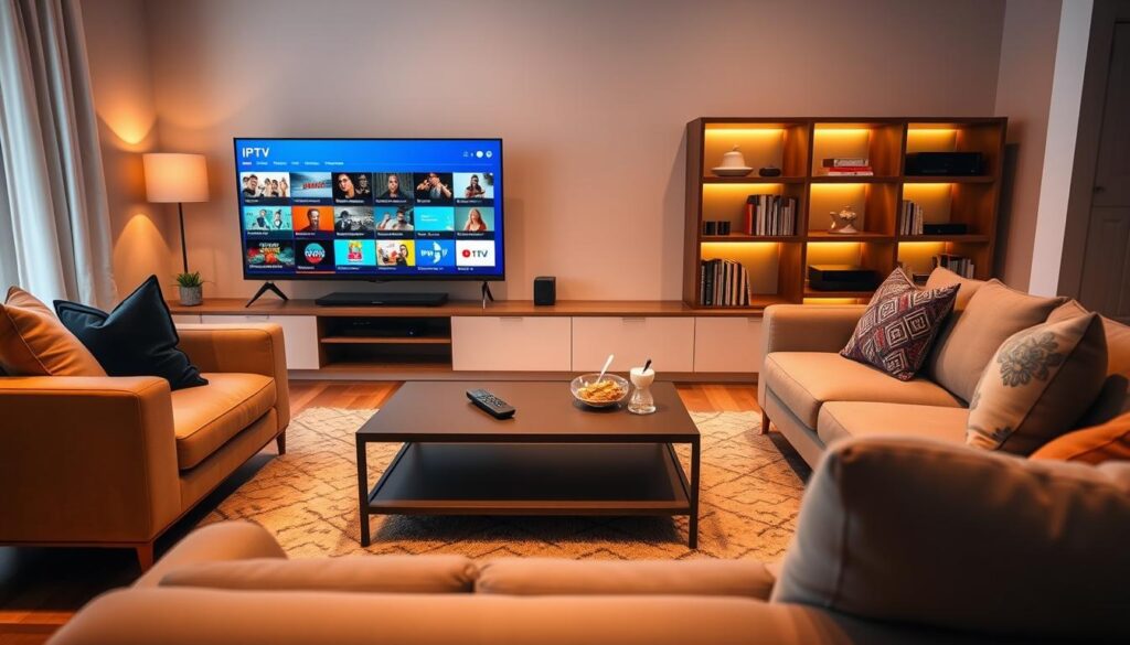 A cozy home entertainment setup showcasing IPTV streaming. In the foreground, a modern living room with a stylish sofa facing a large flat-screen TV displaying a vibrant IPTV interface. The TV screen features colorful thumbnails of various channels under a blue and orange theme reminiscent of bluefireiptv.com. In the middle, a sleek coffee table with a remote control and snacks contrasts against a soft area rug. In the background, a well-lit shelf displays streaming devices and books. The room has warm, ambient lighting with a slight glow highlighting the tech elements, creating a welcoming atmosphere. The scene is shot from a slightly elevated angle, giving a clear view of the IPTV streaming experience while emphasizing modernity and comfort.
