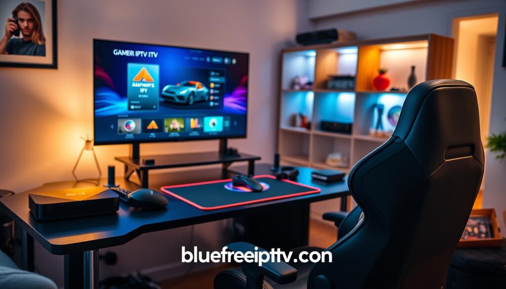 A cozy home setup featuring a sleek, modern gaming station, emphasizing the Gamers IPTV setup guide. In the foreground, a stylish gaming chair and an ergonomic desk showcase a high-resolution monitor displaying the Gamers IPTV interface. To the side, various streaming devices like a sleek Android box and a remote control are neatly arranged. In the middle ground, a vibrant gaming mouse pad and a headset complete the scene, radiating a tech-savvy vibe. The background reveals a well-organized entertainment center with colorful LED lights illuminating the space. Soft, ambient lighting enhances the atmosphere, creating an inviting and focused environment for gamers. Include the brand "bluefireiptv.com" subtly integrated into the setup, ensuring a professional look throughout.