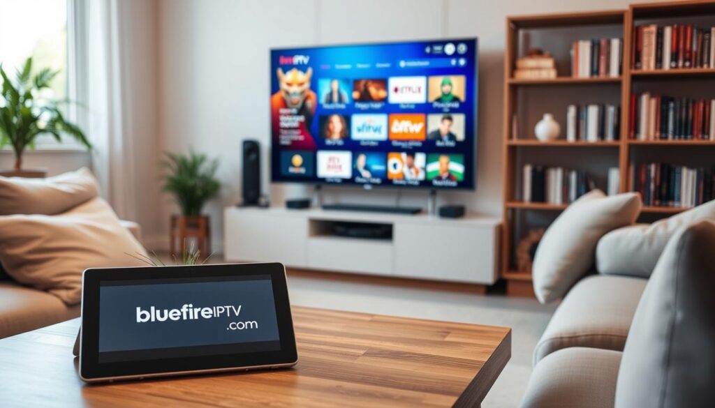 A cozy living room environment with a modern television displaying a vibrant IPTV interface, showcasing various streaming options. In the foreground, a sleek tablet rests on a coffee table featuring the bluefireiptv.com logo, symbolizing accessibility across devices. Mid-ground elements include a comfy couch adorned with plush cushions and a subtle decorative plant, creating an inviting atmosphere. The background displays a stylish bookshelf filled with DVDs and books, enhancing the homey feel. Soft, warm lighting filters through a window, casting gentle shadows to evoke a relaxed mood. The overall scene should convey trust and comfort in enjoying affordable streaming services, emphasizing the concepts of free trials and device compatibility clearly.