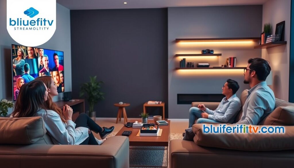 A cozy living room in a modern home, featuring a high-definition television displaying vibrant IPTV content. In the foreground, a family of four watches intently, dressed in comfortable yet professional attire, showing expressions of joy and engagement. The middle ground includes sleek furniture, a coffee table with snacks, and remote controls, reflecting a relaxed atmosphere. The background has soft lighting with warm tones, highlighting a wall-mounted shelf decorated with books and gadgets. The overall mood is inviting and engaging, emphasizing the idea of enhanced viewing experiences through IPTV technology. In one corner, subtly include a brand logo for "bluefireiptv.com" incorporated into the decor, suggesting reliability in streaming quality.