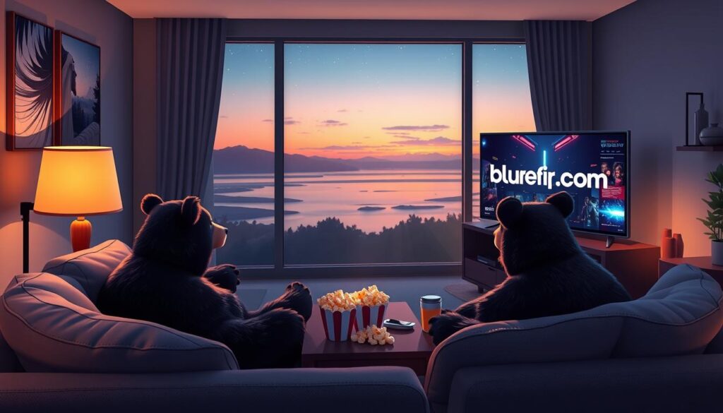 A cozy living room scene centered around an IPTV streaming experience, featuring two bears sitting on a comfortable couch, attentively watching a large flat-screen TV displaying vibrant and engaging content. The bears, depicted in a friendly and approachable style, are enjoying snacks from a coffee table adorned with popcorn and drinks. Soft, warm lighting from a nearby lamp casts a gentle glow, enhancing the relaxed atmosphere. In the background, a large window reveals a serene evening landscape with twinkling stars. The walls are decorated with technology-inspired art, subtly hinting at the modern streaming experience, with the logo "bluefireiptv.com" displayed on the TV screen. The overall mood conveys comfort, enjoyment, and the excitement of exploring streaming content with IPTV Bears.