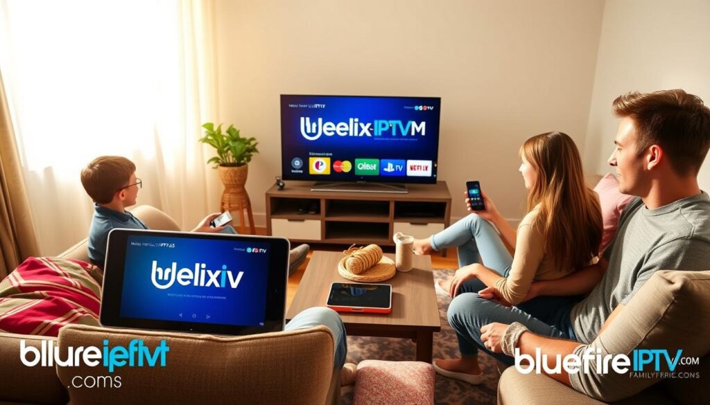 A cozy living room scene featuring a family of four sitting together, each using different devices to access Helix IPTV simultaneously. The foreground shows a sleek smart TV displaying the Helix IPTV interface, while a tablet rests on a coffee table, and a smartphone is held by a teenager. In the middle, a comfortable couch adorned with colorful cushions creates a lively atmosphere, and a decorative rug enhances the warmth of the room. The background reveals a bright window with natural sunlight filtering in, casting soft shadows. The setting should evoke a sense of togetherness and modern technology. The image should be well-lit, with a focus on vibrant colors and a welcoming mood. Incorporate subtle branding for bluefireiptv.com, ensuring no text or watermarks detract from the family experience.