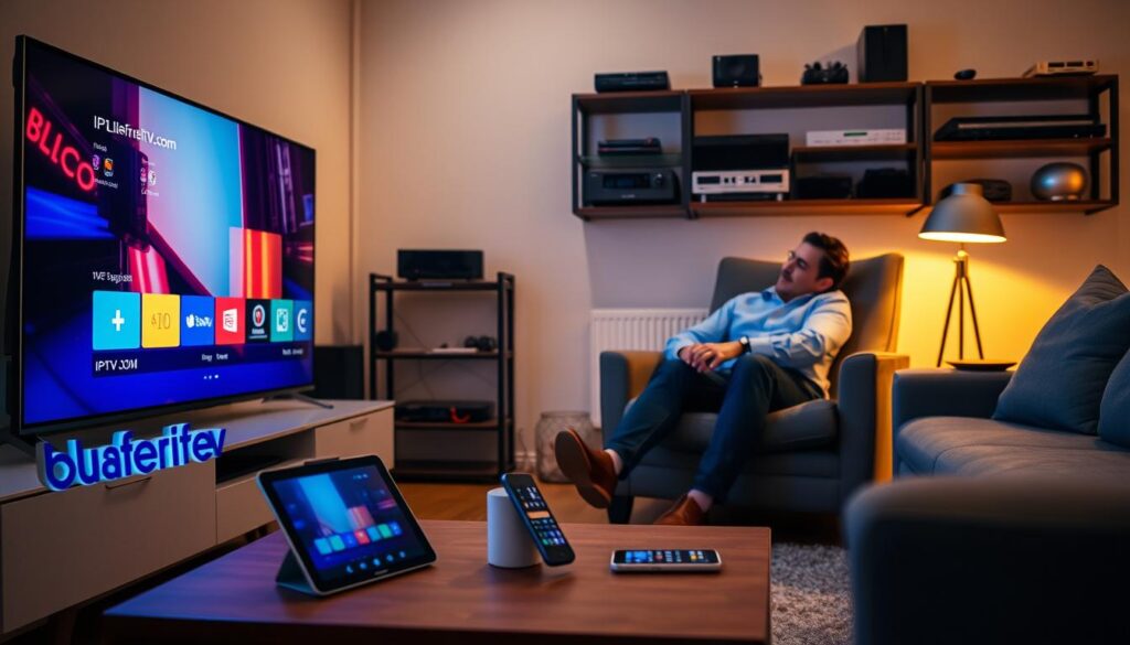 A cozy living room scene showcasing diverse devices used for IPTV streaming. In the foreground, a sleek smart TV displays a colorful IPTV interface with the brand "bluefireiptv.com". A tablet sits on a coffee table, streaming the same program, while a smartphone rests beside it, showing a channel guide. In the middle ground, a stylish armchair features a family member in professional casual clothing, attentively watching the TV. The background includes a wall-mounted shelf filled with audiovisual gear, exuding a modern tech vibe. Soft, warm ambient lighting illuminates the room, creating an inviting and comfortable atmosphere. Use a slightly elevated angle to capture the devices and viewer's engagement, emphasizing device compatibility for watching IPTV across various platforms. A cozy living room scene showcasing diverse devices used for IPTV streaming. In the foreground, a sleek smart TV displays a colorful IPTV interface with the brand "bluefireiptv.com". A tablet sits on a coffee table, streaming the same program, while a smartphone rests beside it, showing a channel guide. In the middle ground, a stylish armchair features a family member in professional casual clothing, attentively watching the TV. The background includes a wall-mounted shelf filled with audiovisual gear, exuding a modern tech vibe. Soft, warm ambient lighting illuminates the room, creating an inviting and comfortable atmosphere. Use a slightly elevated angle to capture the devices and viewer's engagement, emphasizing device compatibility for watching IPTV across various platforms.