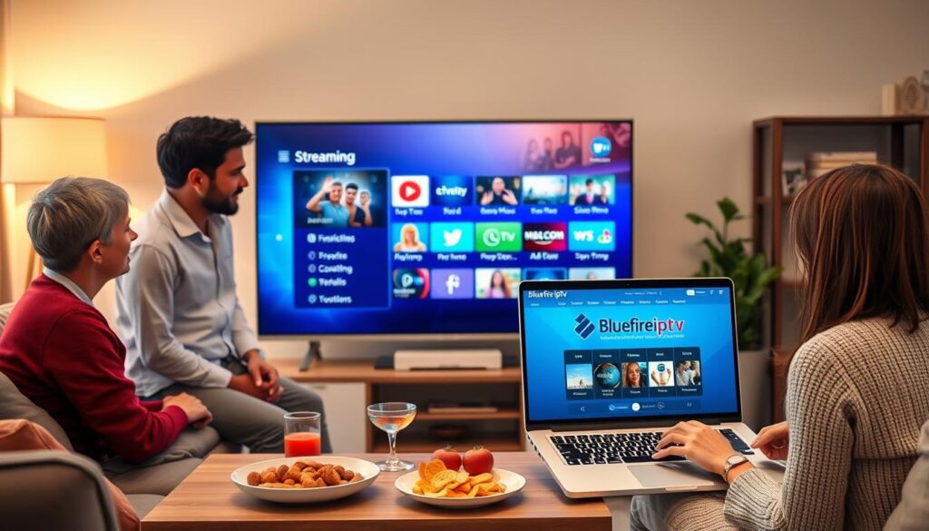 A cozy living room setting featuring a modern flat-screen TV displaying an IPTV streaming interface. In the foreground, a diverse group of three individuals (two men and one woman) are casually dressed, attentively discussing affordable streaming options, showcasing the friendly atmosphere of shared entertainment. The middle layer highlights a stylish coffee table with snacks and a laptop open to the "bluefireiptv.com" website, depicting a user-friendly subscription service. Soft, warm lighting creates an inviting mood, emphasizing comfort and connectivity. In the background, the room has tasteful decor, including plants and bookshelves, enhancing the sense of a homey environment where families or friends gather to enjoy affordable streaming services together.
