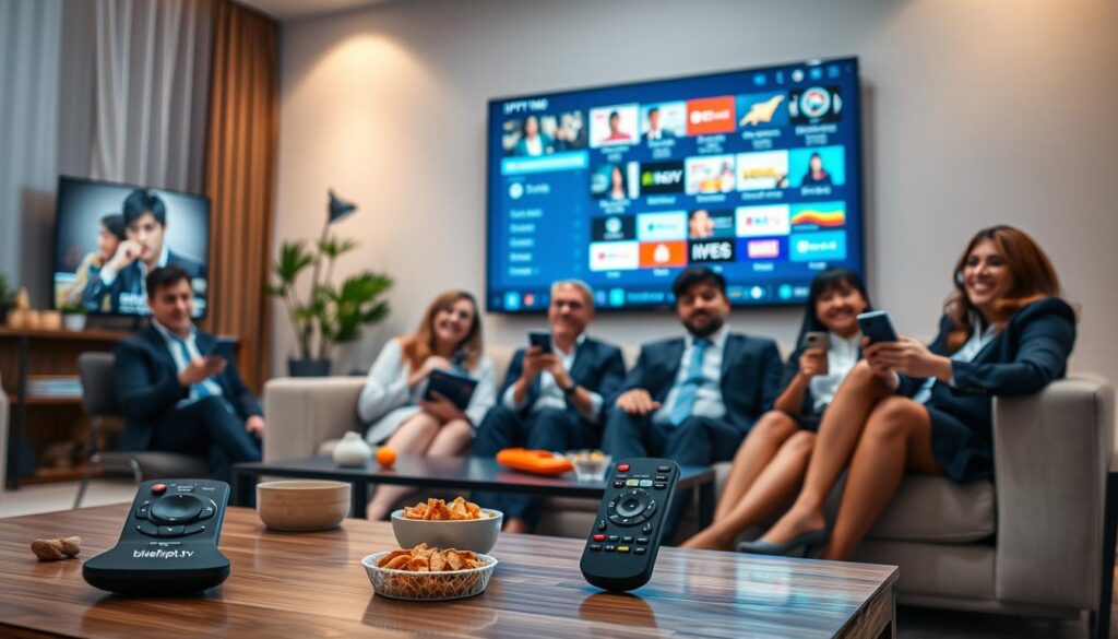 A cozy living room setting showcasing a modern home entertainment center, featuring a large flat-screen TV streaming diverse IPTV content. The foreground includes a stylish coffee table with snacks, an IPTV remote control branded with "bluefireiptv.com," and a vibrant display of favorite TV shows on the screen. In the middle, a comfortable sofa is occupied by a diverse group of individuals in professional business attire, happily enjoying different programs on their devices, while expressions of joy and engagement reflect their satisfaction. The background features soft, ambient lighting with a warm hue, fostering an inviting atmosphere for family bonding over entertainment. The angle is slightly tilted to emphasize the lively interaction, capturing the essence of a family-friendly IPTV streaming experience.