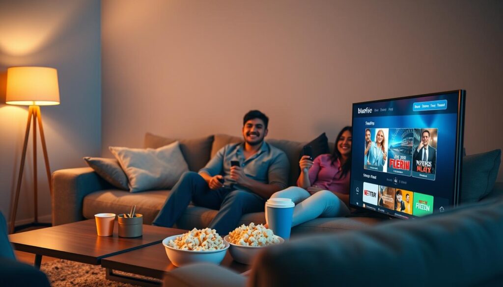 A cozy living room showcasing an affordable IPTV streaming experience. In the foreground, a modern TV with a sleek design displays a vibrant streaming interface from bluefireiptv.com. On a comfortable couch, casually dressed individuals (one Asian male, one Hispanic female) are smiling, holding a remote, immersed in watching their favorite shows together. The mid-ground features a stylish coffee table with popcorn and drinks, enhancing the relaxed atmosphere. The background includes warm lighting from a nearby lamp that creates a welcoming ambiance. The angle is slightly from above, capturing the entire scene as if a friend took a candid photo, evoking feelings of joy and connection in the year 2026. A cozy living room showcasing an affordable IPTV streaming experience. In the foreground, a modern TV with a sleek design displays a vibrant streaming interface from bluefireiptv.com. On a comfortable couch, casually dressed individuals (one Asian male, one Hispanic female) are smiling, holding a remote, immersed in watching their favorite shows together. The mid-ground features a stylish coffee table with popcorn and drinks, enhancing the relaxed atmosphere. The background includes warm lighting from a nearby lamp that creates a welcoming ambiance. The angle is slightly from above, capturing the entire scene as if a friend took a candid photo, evoking feelings of joy and connection in the year 2026.