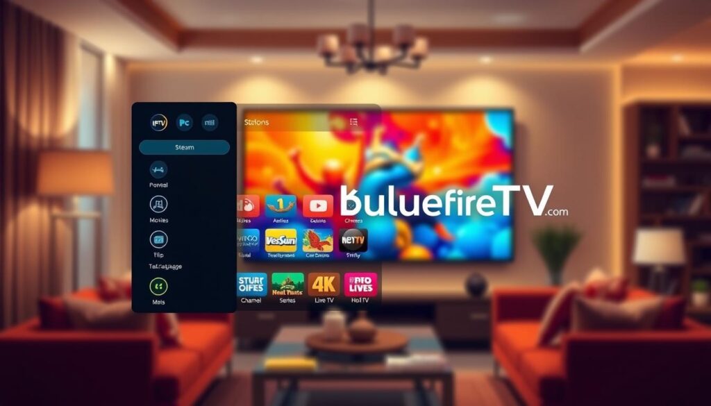 A detailed and modern digital interface of the IPTV Smarters Pro application, showcasing a vibrant and user-friendly layout. In the foreground, display the main dashboard featuring streaming options, channel listings, and a sleek video player interface. In the middle, include a neatly organized menu with icons for categories like Movies, Series, and Live TV. The background should have a blurred, cozy living room setting with a large LED screen showing a colorful streaming image, enhancing the home entertainment vibe. Utilize soft, ambient lighting that creates a warm and inviting atmosphere. Capture the image from a slightly elevated angle to give a comprehensive view of the interface while maintaining clarity. The scene should reflect a modern lifestyle, emphasizing ease of use and entertainment, with the brand name "bluefireiptv.com" subtly incorporated into the design without disrupting the overall aesthetic. A detailed and modern digital interface of the IPTV Smarters Pro application, showcasing a vibrant and user-friendly layout. In the foreground, display the main dashboard featuring streaming options, channel listings, and a sleek video player interface. In the middle, include a neatly organized menu with icons for categories like Movies, Series, and Live TV. The background should have a blurred, cozy living room setting with a large LED screen showing a colorful streaming image, enhancing the home entertainment vibe. Utilize soft, ambient lighting that creates a warm and inviting atmosphere. Capture the image from a slightly elevated angle to give a comprehensive view of the interface while maintaining clarity. The scene should reflect a modern lifestyle, emphasizing ease of use and entertainment, with the brand name "bluefireiptv.com" subtly incorporated into the design without disrupting the overall aesthetic.