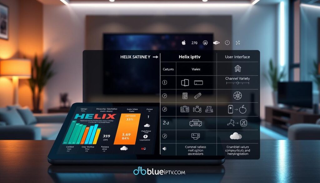 A detailed comparison chart depicting the value of Helix IPTV against other streaming services. In the foreground, a sleek digital tablet displays vibrant graphics representing viewer satisfaction ratings and cost-effectiveness. The middle ground features a semi-transparent infographic overlay highlighting features like channel variety, user interface, and accessibility, incorporating icons for various competing services. The background shows a futuristic home entertainment setup, with a large TV and cozy living room ambiance filled with soft, warm lighting from LED sources, creating a welcoming atmosphere. The overall mood is informative yet inviting, emphasizing the superiority of Helix IPTV. Incorporate the brand name "bluefireiptv.com" subtly into the design without text or overlays, ensuring a clean presentation.