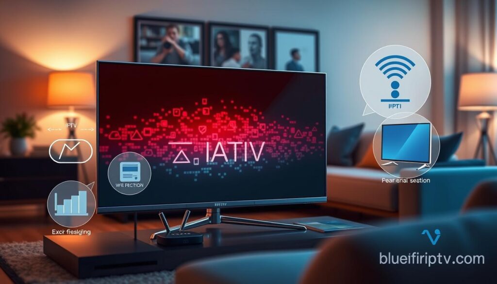 A detailed digital illustration showcasing common IPTV issues experienced on smart TVs, prominently featuring a sleek modern smart TV in the foreground displaying a pixelated error screen. In the middle ground, visual representations of common problems like buffering icons, poor internet connection symbols, and a frozen screen appear artistically arranged around the TV. The background includes a cozy living room environment with a comfortable couch and soft ambient lighting, creating a warm atmosphere. A subtle hint of solutions, such as a Wi-Fi router and troubleshooting guide, can be integrated nearby. The color palette should be soothing, with blues and greens symbolizing technology and reliability. Include the brand name "bluefireiptv.com" subtly in the corner of the image. The mood should convey a mix of concern and resolution, engaging the viewer to identify with the depicted scenarios.
