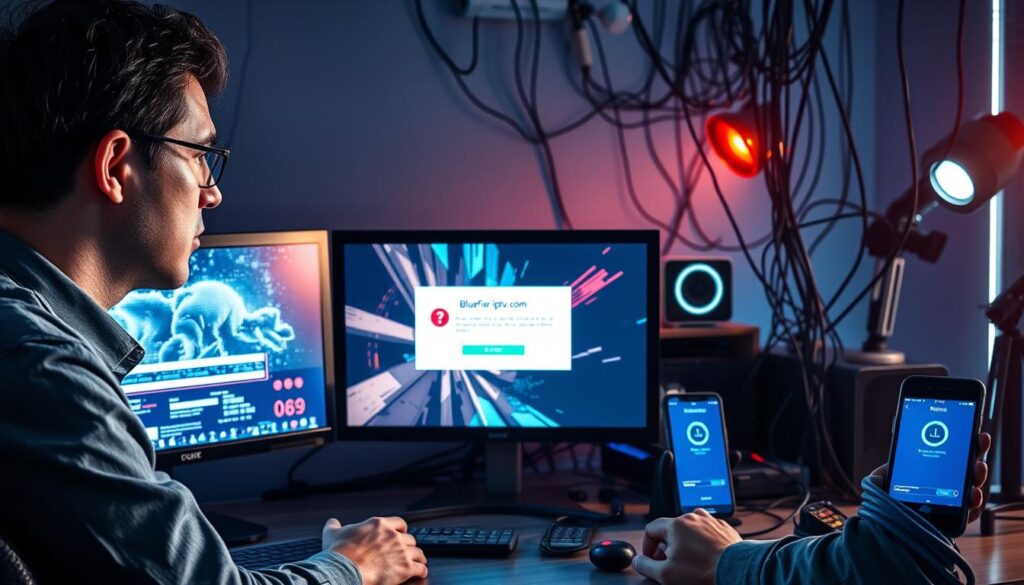 A detailed visualization of common issues experienced with IPTV players, featuring a split-screen design. In the foreground, depict a frustrated user in casual business attire, intently staring at a computer screen displaying buffering icons and pixelated video feeds. In the middle, showcase various visual elements representing the problems: a glitchy television, an error message pop-up, and a spinning loading wheel. In the background, create a chaotic tech workspace with tangled cables, a remote control, and a smartphone displaying connection issues. The setting is well-lit, conveying a sense of urgency, with a focus on cool tones and contrasting warm highlights to emphasize the technology theme. Include subtle branding of "bluefireiptv.com" integrated into the tech elements, ensuring it blends harmoniously without being distracting.