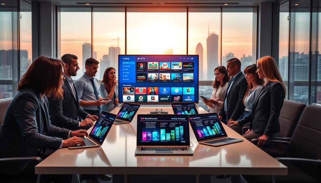 A dynamic and engaging visual representing the "B1G IPTV Reseller Program" in a modern office environment. In the foreground, a group of diverse professionals in smart business attire gather around a sleek conference table, discussing vibrant digital graphics displayed on laptops and tablets, showcasing IPTV packages and analytics. The middle ground features a large screen with a colorful interface of the bluefireiptv.com platform, displaying various channel options. The background contains a futuristic office with large windows revealing a city skyline bathed in warm sunlight, conveying a sense of innovation and opportunity. Soft, ambient lighting enhances the professional atmosphere, while a focused angle captures the collaboration and energy within the team. The overall mood is optimistic and forward-thinking, reflecting business growth and digital advancement.