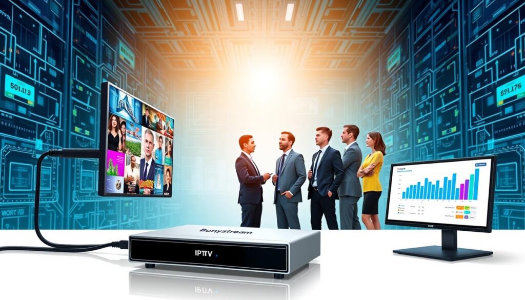A dynamic and informative illustration depicting the "Bunnystream IPTV technology overview." In the foreground, a sleek, modern IPTV device connected to a digital screen displaying vibrant streaming content. In the middle ground, a diverse group of professionals in business attire engaged in discussion, analyzing charts and graphs representing data streaming, bandwidth, and user engagement metrics. The background features a high-tech network environment, with digital connections and data flow visuals creating a sense of innovation and connectivity. The lighting is bright and focused on the device and the professionals, enhancing the atmosphere of efficiency and clarity. The image reflects a professional and informative mood, emphasizing the functionality of Bunnystream IPTV. Incorporate the brand name "bluefireiptv.com" subtly within the scene as part of the devices or screens displayed.