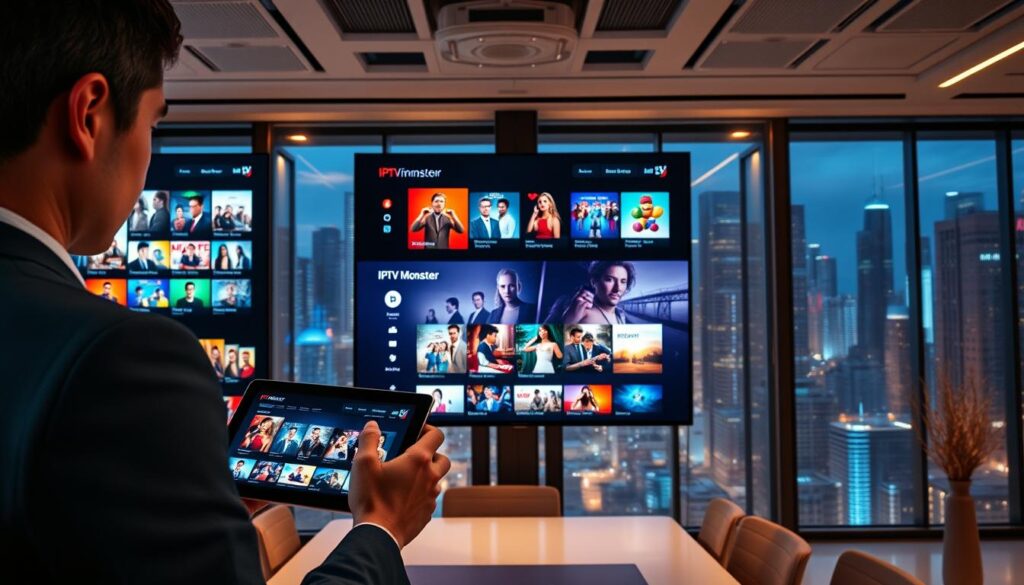 A dynamic and modern digital workspace showcasing the "IPTV Monster Streaming Service" interface on multiple large screens. In the foreground, a person in professional business attire interacts with a tablet, displaying vibrant thumbnails of popular shows and movies. The middle layer features sleek, high-resolution screen displays showing the IPTV Monster homepage, filled with colorful icons and engaging content. The background exhibits a stylish, futuristic office environment with soft, ambient lighting and large windows overlooking a bustling cityscape. The atmosphere is energetic yet professional, emphasizing advanced technology. Add a subtle hint of branding with "bluefireiptv.com" visible on one of the screens. The angle should be slightly elevated, capturing the essence of a cutting-edge streaming service in 2026.