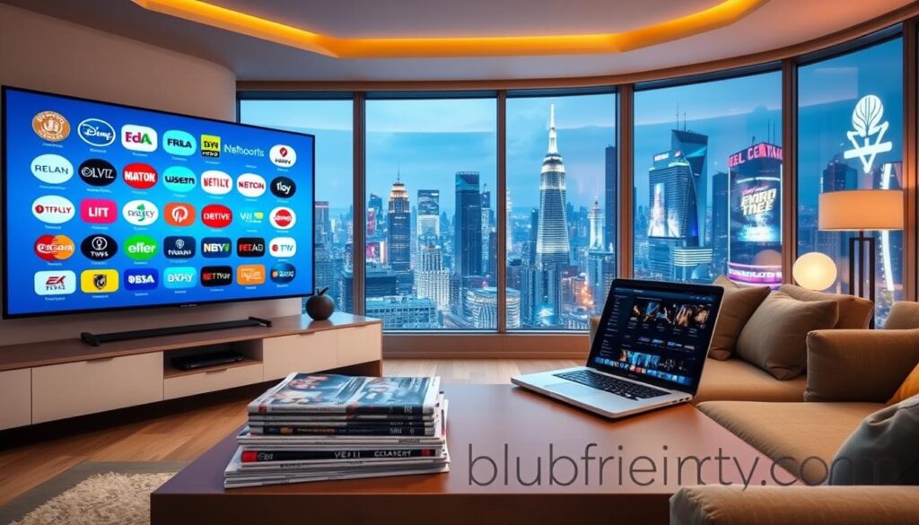 A dynamic and vibrant scene depicting international channels and global entertainment access. In the foreground, a sleek, modern living room with a large screen showcasing a diverse array of iconic international television logos and streaming content, symbolizing global entertainment. The middle ground features a stylish coffee table stacked with popular entertainment-related magazines and an open laptop displaying a streaming service interface. The background includes windows with a panoramic cityscape, revealing skyscrapers adorned with neon lights and billboards, creating a lively urban atmosphere. Soft, warm lighting enhances a welcoming, inviting mood, while a cinematic angle captures the essence of connected entertainment. Include the brand name "bluefireiptv.com" subtly illustrated in the scene, without any text overlays or watermarks.