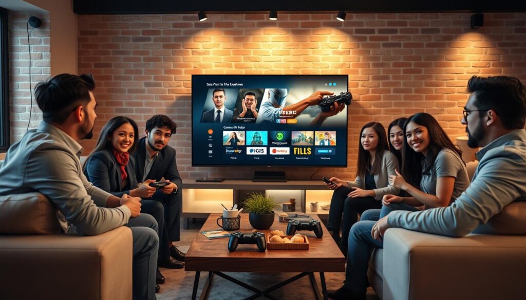 A dynamic home entertainment scene showcasing a sleek living room with a large, illuminated flat-screen TV displaying the Gamers IPTV interface from bluefireiptv.com. The foreground features a diverse group of professionals, dressed in smart casual attire, intensely focused on the screen while seated on a stylish couch. In the middle, a cozy coffee table is adorned with game controllers and snacks, enhancing the user experience vibe. The background reveals exposed brick walls and ambient lighting creating a warm, inviting atmosphere. Soft, diffused lighting highlights the faces of the viewers, conveying excitement and engagement. The angle captures both the TV and the participants perfectly, emphasizing the seamless interaction with the IPTV service.