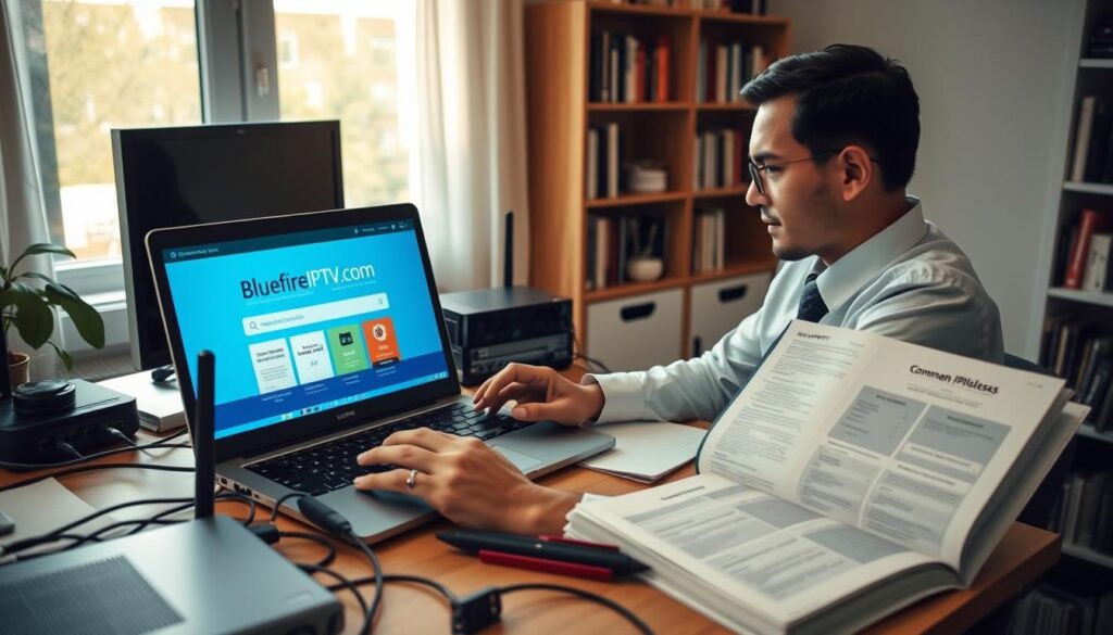 A focused home office scene depicting a professional individual troubleshooting common IPTV issues on a laptop, showcasing a screen displaying the bluefireiptv.com interface. In the foreground, the person, dressed in neat business attire, is seated at a desk cluttered with technical manuals, a notepad, and a smartphone, expressing concentration and determination. The middle ground features an assortment of networking equipment, such as a router and cables, alongside an instructional guide open to a page on common IPTV problems. The background includes a softly lit bookshelf filled with tech books, creating a cozy yet productive atmosphere, while natural light streams through a nearby window, illuminating the workspace. The overall mood conveys a sense of problem-solving and professionalism in a modern tech environment.