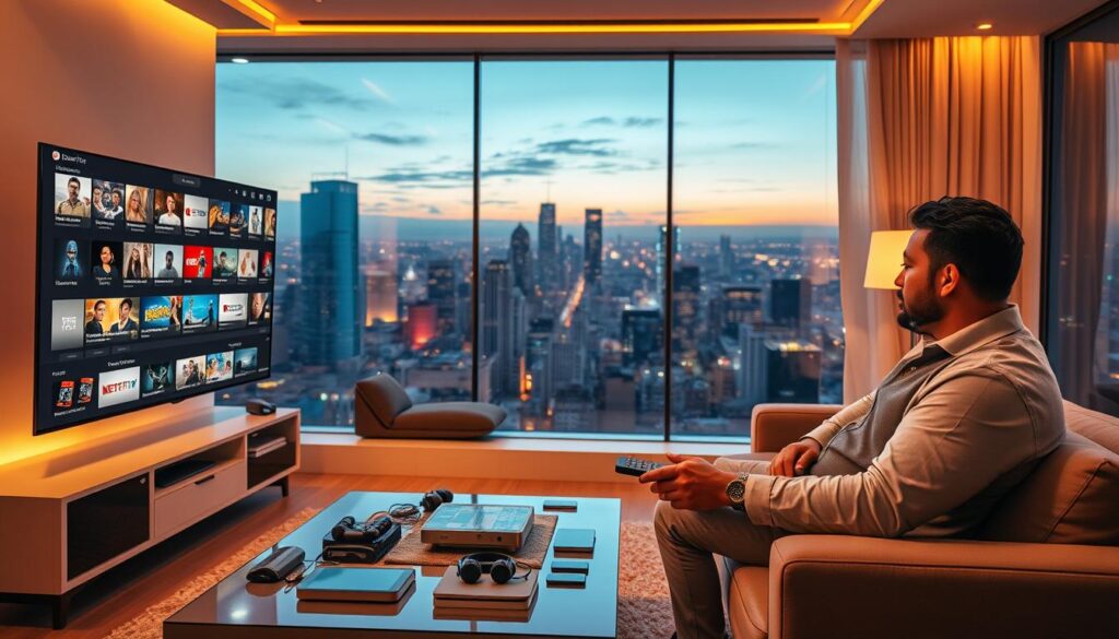 A futuristic living room setting bathed in warm, soft lighting, with a large, ultra-high-definition television prominently displaying a diverse array of IPTV channels. In the foreground, a professional, casually dressed individual, focused and engaged, is seated on a stylish sofa, interacting with a sleek remote control. The middle ground showcases a coffee table cluttered with modern gadgets, like a tablet and smartphones streaming content, symbolizing the integration of technology. In the background, a large window reveals a sprawling cityscape at twilight, with glowing skyscrapers representing the vibrant nature of urban life in 2026. The atmosphere conveys a sense of innovation and connectivity, with subtle hints of the brand "bluefireiptv.com" integrated into the decor. A futuristic living room setting bathed in warm, soft lighting, with a large, ultra-high-definition television prominently displaying a diverse array of IPTV channels. In the foreground, a professional, casually dressed individual, focused and engaged, is seated on a stylish sofa, interacting with a sleek remote control. The middle ground showcases a coffee table cluttered with modern gadgets, like a tablet and smartphones streaming content, symbolizing the integration of technology. In the background, a large window reveals a sprawling cityscape at twilight, with glowing skyscrapers representing the vibrant nature of urban life in 2026. The atmosphere conveys a sense of innovation and connectivity, with subtle hints of the brand "bluefireiptv.com" integrated into the decor.