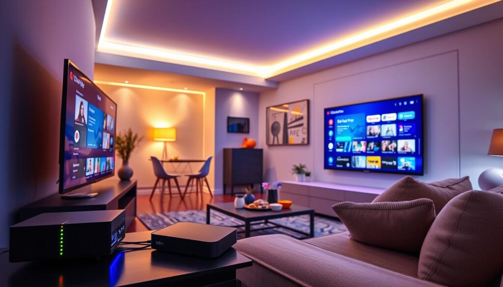 A futuristic living room showcasing IPTV technology in a sleek, modern design. In the foreground, a stylish flat-screen TV displays a vibrant interface with various streaming options. To the side, a compact IPTV box is connected with colorful LED indicators glowing softly. In the middle ground, a comfortable sofa faces the TV, complemented by a coffee table with snacks and a remote control. The background features smart home elements like automated lighting and a digital assistant device, emphasizing modern conveniences. The lighting is warm and inviting, creating a relaxed atmosphere. The scene should evoke a sense of innovation and accessibility, ideal for US viewers in 2026. Include branding elements subtly depicting "bluefireiptv.com" in the design.