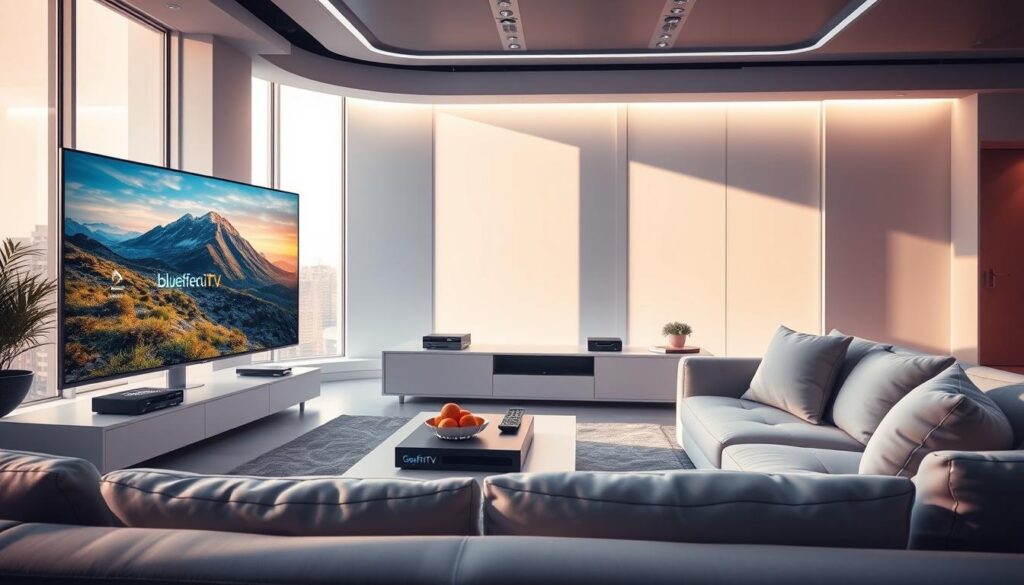 A futuristic living room showcasing the GoFruTV IPTV service for 4K streaming quality. In the foreground, a sleek smart TV displays vibrant, detailed graphics of a nature documentary in stunning 4K resolution. A stylish, modern sofa with plush cushions is positioned around a coffee table adorned with a remote and snacks. In the middle ground, a minimalist entertainment center is equipped with state-of-the-art streaming devices, featuring the brand logo "bluefireiptv.com" prominently on one. The background reveals large windows with natural light pouring in, casting soft illuminating shadows and creating a warm, inviting atmosphere. The overall mood conveys a sense of comfort and cutting-edge technology, captured with a wide-angle lens to emphasize the space and depth of the scene. A futuristic living room showcasing the GoFruTV IPTV service for 4K streaming quality. In the foreground, a sleek smart TV displays vibrant, detailed graphics of a nature documentary in stunning 4K resolution. A stylish, modern sofa with plush cushions is positioned around a coffee table adorned with a remote and snacks. In the middle ground, a minimalist entertainment center is equipped with state-of-the-art streaming devices, featuring the brand logo "bluefireiptv.com" prominently on one. The background reveals large windows with natural light pouring in, casting soft illuminating shadows and creating a warm, inviting atmosphere. The overall mood conveys a sense of comfort and cutting-edge technology, captured with a wide-angle lens to emphasize the space and depth of the scene.