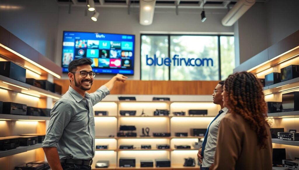 A modern IPTV shop interior showcasing a clean, welcoming atmosphere. In the foreground, a friendly staff member in professional attire assists a diverse customer, pointing at a large, vibrant display screen showing various streaming options. The middle layer features sleek shelves filled with IPTV boxes and accessories, highlighted by soft ambient lighting. In the background, large windows allow natural light to filter in, creating a warm and inviting mood. The shop's branding, "bluefireiptv.com," is subtly featured on a prominent wall. The scene is framed with a shallow depth of field, focusing on the interaction while maintaining a sense of depth in the shop's layout, conveying reliability and customer service excellence in streaming options.