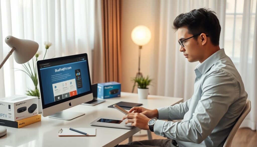 A modern and inviting home office setting, with a stylish desk and computer setup displaying the bluefireiptv.com website. In the foreground, a focused individual in smart casual attire is engaging with a laptop, surrounded by essential tools like a smartphone and notepad. The middle ground features a well-organized workspace, with a few colorful IPTV streaming device boxes and a plant for a touch of freshness. The background includes a softly lit window with sheer curtains, creating a warm and secure atmosphere. The scene is captured from a slightly elevated angle, with soft, natural lighting emphasizing the professional yet cozy vibe, perfect for illustrating the step-by-step process of securely setting up an IPTV account.