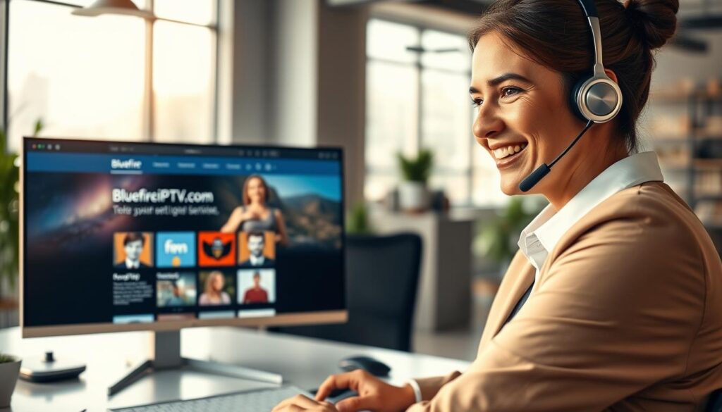 A modern customer service scene illustrating transparency in IPTV services. In the foreground, a professional customer support agent in business attire is engaged in a friendly video call, showcasing a welcoming smile. In the middle, a sleek desk with a computer screen displaying the bluefireiptv.com interface, emphasizing user-friendly navigation and clear service information. The background includes a well-organized office with soft, natural lighting streaming through large windows, creating an inviting atmosphere. The image should highlight warm colors to evoke trust and reliability, with a shallow depth of field focusing on the agent's expression and the computer screen, effectively emphasizing service transparency. A modern customer service scene illustrating transparency in IPTV services. In the foreground, a professional customer support agent in business attire is engaged in a friendly video call, showcasing a welcoming smile. In the middle, a sleek desk with a computer screen displaying the bluefireiptv.com interface, emphasizing user-friendly navigation and clear service information. The background includes a well-organized office with soft, natural lighting streaming through large windows, creating an inviting atmosphere. The image should highlight warm colors to evoke trust and reliability, with a shallow depth of field focusing on the agent's expression and the computer screen, effectively emphasizing service transparency.