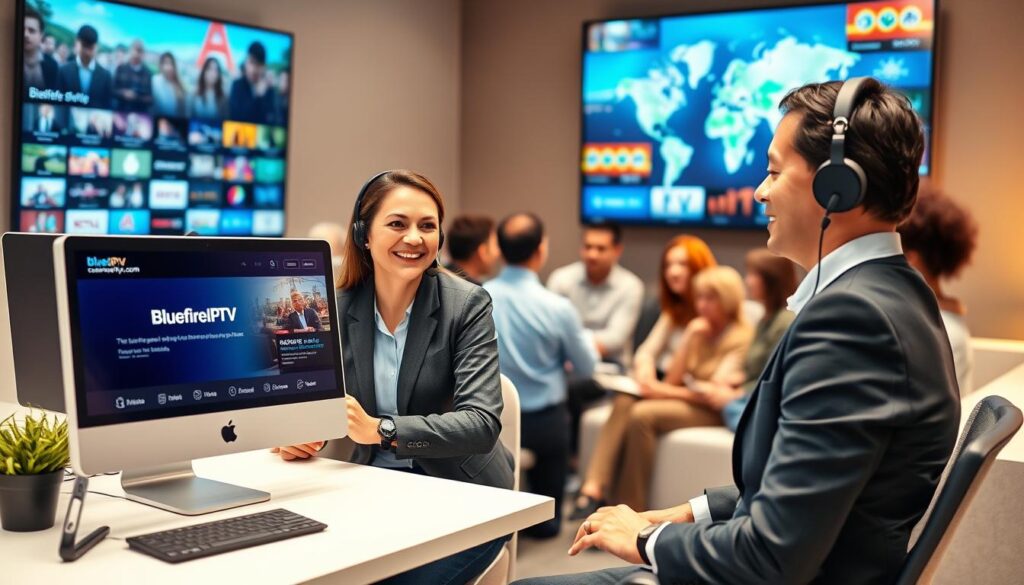 A modern customer support center for IPTV, showcasing a friendly representative dressed in professional business attire, smiling and assisting a customer through a headset. The foreground features a sleek desk with a computer displaying the bluefireiptv.com website, highlighting customer service tools, smoothly integrated visuals of streaming content. In the middle ground, a diverse group of customers, represented by various ages and ethnicities, are engaged in discussions, giving feedback or enjoying their streaming experiences, all in a well-lit, comfortable environment. The background shows a large screen displaying an array of global TV channels, emphasizing the vast IPTV options. The overall mood is welcoming and supportive, with warm lighting creating a friendly atmosphere conducive to good service.