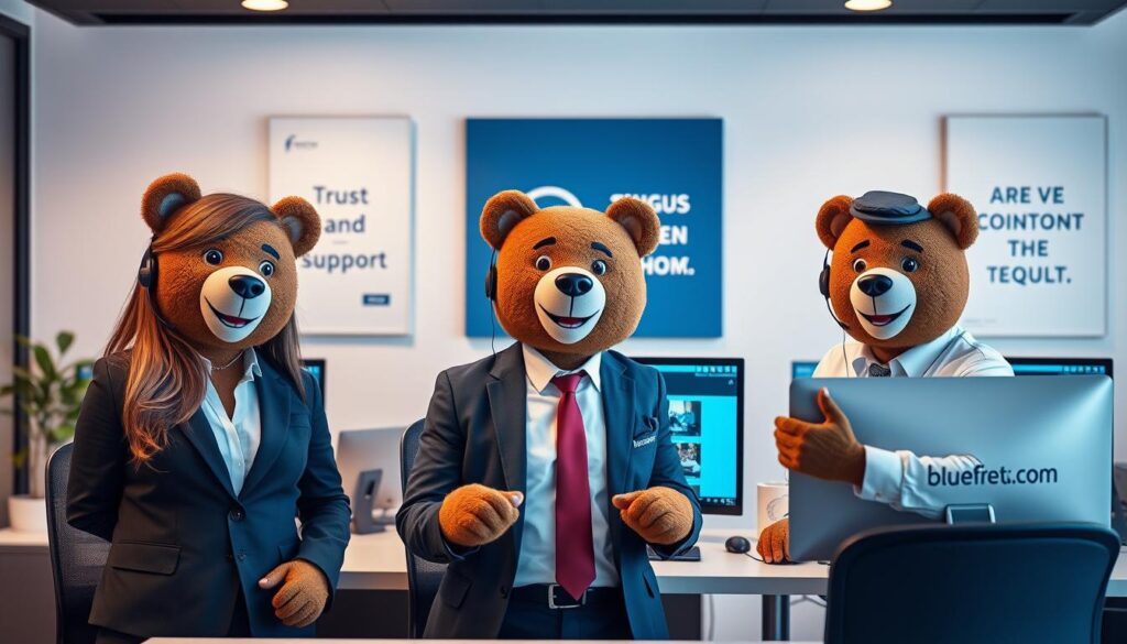 A modern customer support scene depicting a team of professional customer service representatives symbolizing IPTV Bears, in a sleek office environment. In the foreground, a diverse group of three friendly agents (two women and one man) in business attire, engaged in assisting clients, showcasing a sense of reliability and support. The middle ground features computer screens displaying customer service interfaces and IPTV streaming options, emphasizing technology. The background includes calming blue and white walls with motivational posters about trust and support. Soft, diffused lighting creates a warm and inviting atmosphere, while a focus on the helpful expressions of the agents suggests a commitment to exceptional service. The brand "bluefireiptv.com" subtly integrated into the office decor.