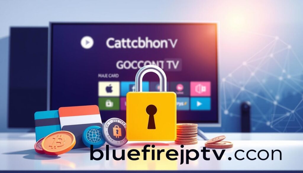 A modern, detailed illustration representing "Payment Methods and Security for Catchon TV IPTV." In the foreground, feature various payment options like credit cards, digital wallets, and cryptocurrencies displayed with a secure padlock symbol to emphasize security. The middle ground should include stylized representations of a user interacting with a TV set, showcasing the Catchon TV interface on the screen, reflecting a sense of modern technology. In the background, a subtle digital landscape with abstract shapes and lines suggests connectivity and data protection. Utilize bright, engaging lighting that creates a professional and trustworthy atmosphere, captured with a slightly angled perspective to add depth. The scene should convey a sense of security and innovation with the brand name "bluefireiptv.com" subtly integrated in the design.
