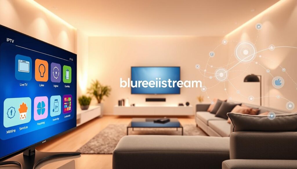 A modern digital illustration showcasing the key features of Bunnystream IPTV. In the foreground, include an interactive screen displaying icons representing various features like live TV, on-demand content, multiple device compatibility, and user-friendly interface, all highlighted in bright, engaging colors. The middle layer features a sleek, minimalistic living room setup, with a stylish smart TV and a cozy seating area, emphasizing a family-friendly atmosphere. In the background, soft lighting creates a warm ambiance, and abstract representations of streaming data flow illustrate connectivity. The image should convey professionalism and innovation, while the brand "bluefireiptv.com" is subtly included within the design. The perspective is slightly angled, utilizing a wide lens effect to enhance depth and focus on the IPTV features.