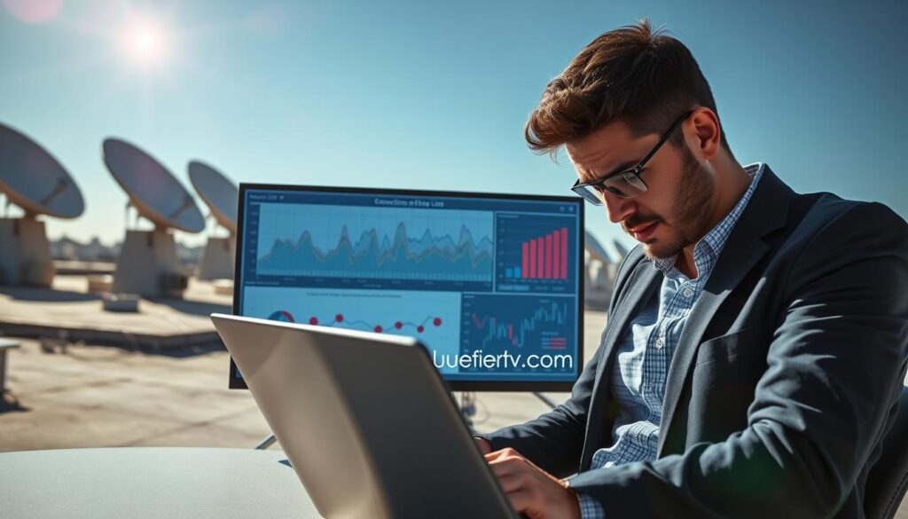 A modern digital workspace showcasing the common challenges of IPTV satellite links. In the foreground, a professional-looking individual, dressed in smart casual attire, is analyzing data on a laptop with a frustrated expression. In the middle, a large screen displays intricate graphs and charts depicting connection stability, buffering issues, and signal quality. The background features satellite dishes on a rooftop with a clear blue sky, symbolizing the technological aspect. Soft natural lighting illuminates the scene, highlighting the individual's focused demeanor, while a lens flare effect adds a dynamic atmosphere. The setting conveys a mood of problem-solving and determination, emphasizing the complexities of IPTV streaming. Include “bluefireiptv.com” subtly integrated within the laptop screen design. A modern digital workspace showcasing the common challenges of IPTV satellite links. In the foreground, a professional-looking individual, dressed in smart casual attire, is analyzing data on a laptop with a frustrated expression. In the middle, a large screen displays intricate graphs and charts depicting connection stability, buffering issues, and signal quality. The background features satellite dishes on a rooftop with a clear blue sky, symbolizing the technological aspect. Soft natural lighting illuminates the scene, highlighting the individual's focused demeanor, while a lens flare effect adds a dynamic atmosphere. The setting conveys a mood of problem-solving and determination, emphasizing the complexities of IPTV streaming. Include “bluefireiptv.com” subtly integrated within the laptop screen design.