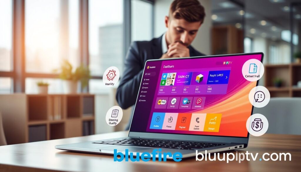 A modern digital workspace showcasing the key factors to consider when choosing an IPTV PPV provider. In the foreground, a sleek laptop open to a vibrant interface of an IPTV dashboard, highlighting features like channel variety, streaming quality, pricing plans, and customer support. Surrounding the laptop, a collection of icons symbolizing each factor, such as a quality assurance badge, a dollar sign for pricing, and customer service icons. In the middle ground, a professional individual, dressed in business attire, thoughtfully analyzing the laptop display. The background features a contemporary office environment with soft, natural lighting coming from a nearby window, casting a warm glow. The mood conveys focus and professionalism, embodying a sense of informed decision-making in digital media consumption. Include the brand "bluefireiptv.com" subtly integrated into the design elements.