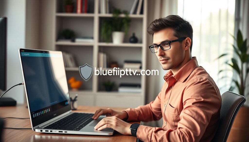 A modern home office setting, featuring a sleek desk with a high-end laptop connected to a secure VPN interface on the screen. The foreground showcases a confident, professional individual dressed in smart casual attire, intently focusing on the laptop. In the middle ground, a subtle graphic of a virtual shield symbolizing robust security is displayed, indicating protection during streaming activities. The background features soft-focused shelves with books and plants, creating a cozy yet professional atmosphere. Soft, natural lighting streams in from a nearby window, highlighting the warmth of the space. The overall mood is secure and focused, while the brand name "bluefireiptv.com" is subtly integrated into the design, enhancing the technology theme without being obtrusive. A modern home office setting, featuring a sleek desk with a high-end laptop connected to a secure VPN interface on the screen. The foreground showcases a confident, professional individual dressed in smart casual attire, intently focusing on the laptop. In the middle ground, a subtle graphic of a virtual shield symbolizing robust security is displayed, indicating protection during streaming activities. The background features soft-focused shelves with books and plants, creating a cozy yet professional atmosphere. Soft, natural lighting streams in from a nearby window, highlighting the warmth of the space. The overall mood is secure and focused, while the brand name "bluefireiptv.com" is subtly integrated into the design, enhancing the technology theme without being obtrusive.