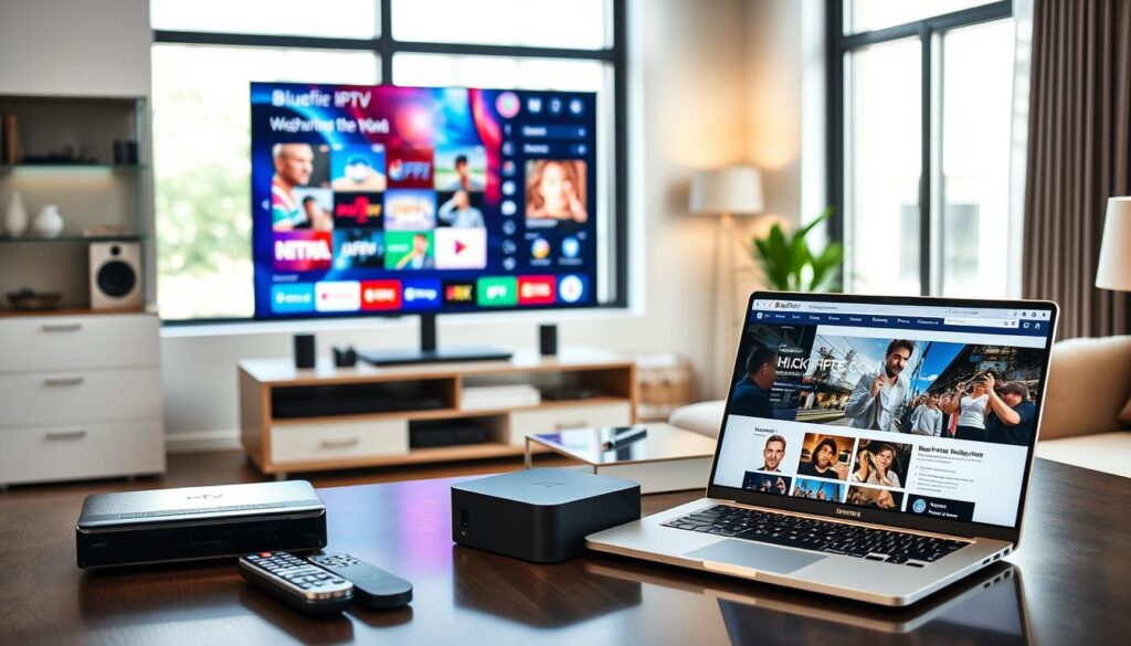 A modern home office setting focused on high-quality IPTV streaming. In the foreground, a sleek, flat-screen TV displays a vibrant, engaging IPTV interface showcasing various IPTV channels. On a stylish desk, sophisticated streaming devices and a remote control are neatly arranged next to an open laptop showing the webpage of "bluefireiptv.com," emphasizing its features. The middle ground features a comfortable sofa with decorative cushions, inviting viewers to relax and enjoy streaming. In the background, large windows allow natural light to flood in, creating a warm and bright atmosphere. Soft, diffused lighting accentuates the scene, enhancing the feeling of comfort and professionalism. Aim for a clean, modern aesthetic with a balanced composition that conveys quality and enjoyment in streaming entertainment.