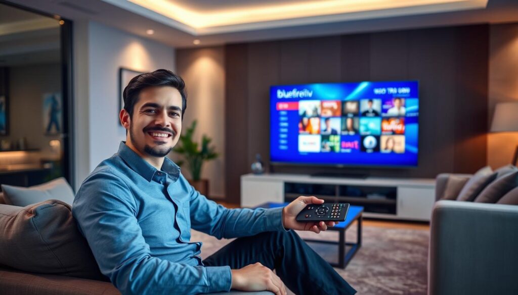 A modern living room, elegantly furnished with a comfortable sofa and sleek entertainment center, showcasing a large smart TV displaying vibrant streaming content that represents "bluefireiptv.com". In the foreground, a friendly professional in smart casual attire sits with a remote in hand, smiling and engaged. The middle ground features subtle indicators of quality and reliability, like a high-definition screen showing crisp images and an indicator of smooth streaming with no buffering. The background reveals a stylish room with soft ambient lighting that evokes a sense of warmth and comfort, suggesting a relaxed yet technologically-advanced environment. The scene captures a mood of satisfaction and trust in quality IPTV service.