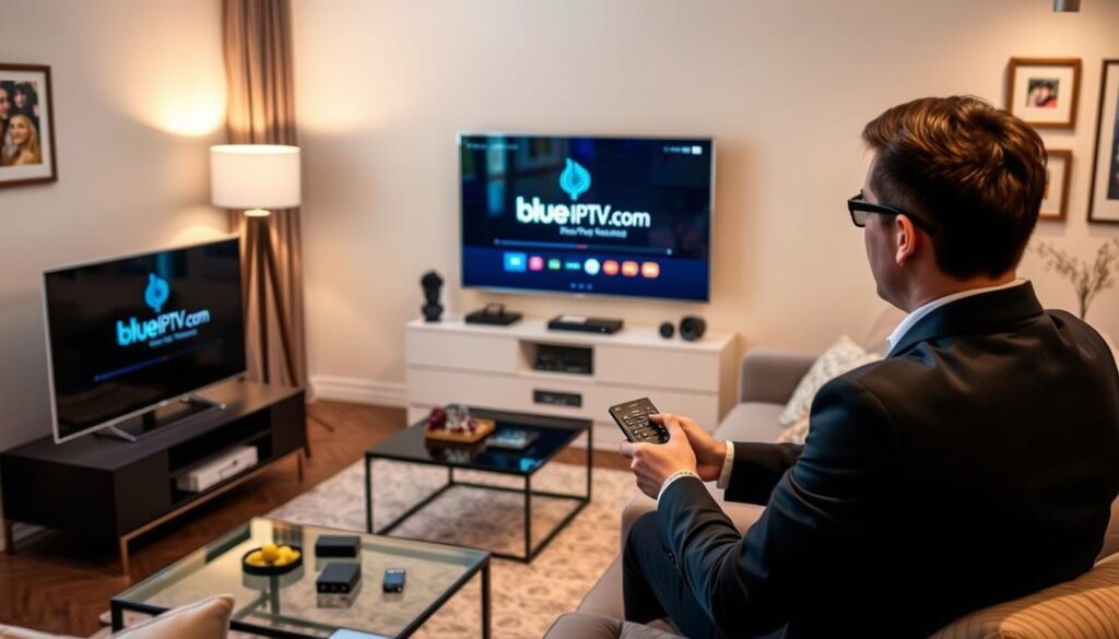 A modern living room featuring a sleek Smart TV displaying the bluefireiptv.com logo on its home screen. In the foreground, a person dressed in smart casual attire is using a remote control, looking focused while navigating through the IPTV app installation process. The middle ground includes a stylish coffee table with a few tech gadgets, and an inviting sofa with soft cushions. Soft, warm lighting from a nearby lamp creates a cozy atmosphere, while a hint of natural daylight filters through a window, illuminating the space. The background showcases tasteful decorations on the walls, adding a sense of homeliness to the scene, ideal for illustrating a step-by-step guide for installing IPTV apps.