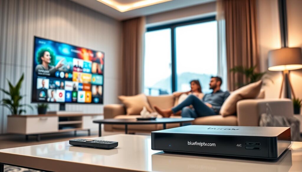 A modern living room featuring a sleek smart TV displaying vibrant streaming content, symbolizing high-quality IPTV services. In the foreground, a stylish coffee table with a remote and an IPTV set-top box branded with "bluefireiptv.com". The middle area shows a comfortable couch with a couple of friends relaxed, wearing casual yet professional attire, enjoying the screen. The background includes large windows with soft natural lighting filtering in, creating an inviting atmosphere. Add a few potted plants to enhance the cozy vibe. The overall tone is warm and tech-savvy, emphasizing advanced technology with clear visuals of features like 4K resolution and seamless streaming. The angle captures the essence of modern entertainment in a home setting.