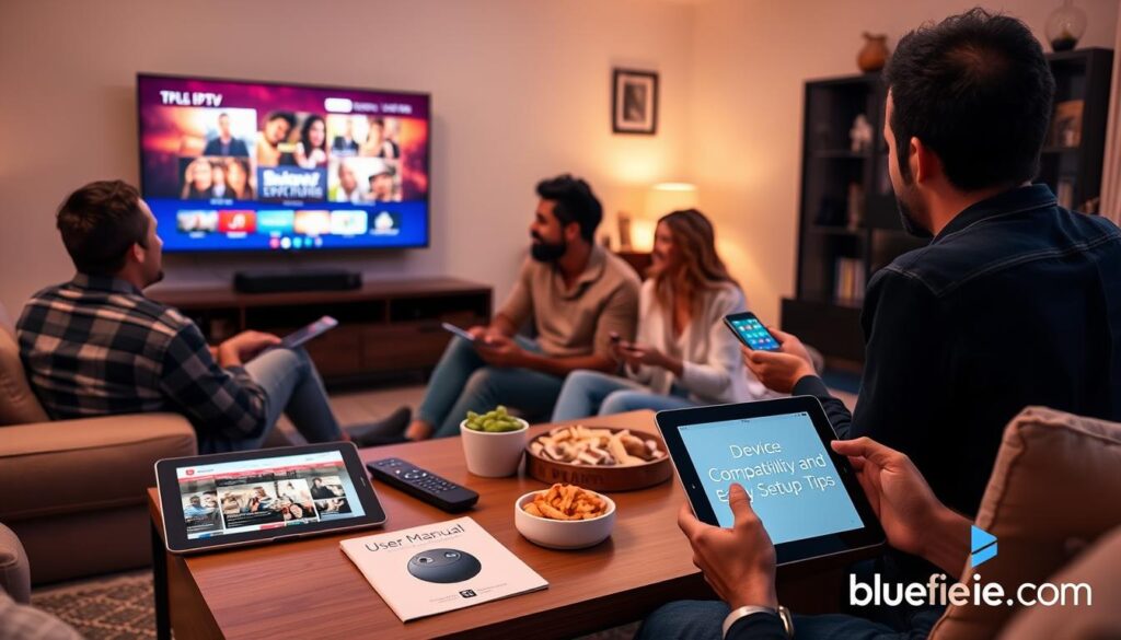 A modern living room scene depicting a diverse family using various devices for IPTV streaming. In the foreground, a smart TV mounted on the wall displays vibrant IPTV streaming content. To the side, a tablet and smartphone show app interfaces, highlighting compatibility. In the middle, a coffee table with a remote, snacks, and a user manual titled "Device Compatibility and Easy Setup Tips" is set neatly. The background features soft, warm lighting creating an inviting atmosphere with cozy furniture and subtle decorations that suggest a family-friendly environment. The people, dressed in comfortable casual clothing, are engaging happily with their devices. Include a small, stylish logo representing "bluefireiptv.com" subtly in the corner. A modern living room scene depicting a diverse family using various devices for IPTV streaming. In the foreground, a smart TV mounted on the wall displays vibrant IPTV streaming content. To the side, a tablet and smartphone show app interfaces, highlighting compatibility. In the middle, a coffee table with a remote, snacks, and a user manual titled "Device Compatibility and Easy Setup Tips" is set neatly. The background features soft, warm lighting creating an inviting atmosphere with cozy furniture and subtle decorations that suggest a family-friendly environment. The people, dressed in comfortable casual clothing, are engaging happily with their devices. Include a small, stylish logo representing "bluefireiptv.com" subtly in the corner.