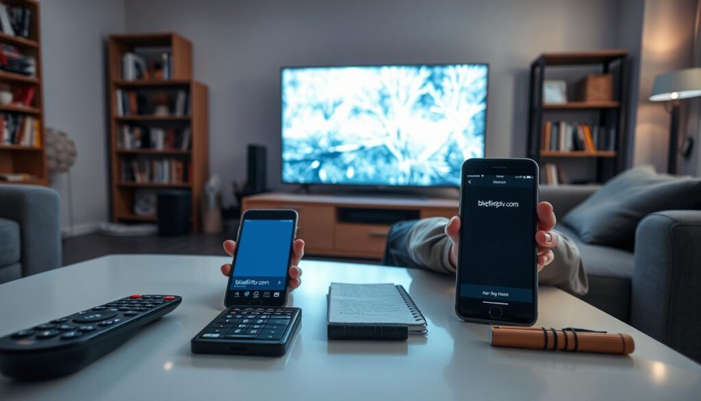 A modern living room scene focusing on a tech-savvy individual in professional casual attire, troubleshooting issues with their IPTV device. The foreground features a sleek coffee table with a remote control, a smartphone displaying the app interface, and a notepad with troubleshooting notes. In the middle, a television screen displays a frozen image indicative of a streaming issue, illuminated by soft, cool lighting. The background showcases a cozy couch and bookshelves filled with technology books. The atmosphere is focused and slightly tense, evoking a sense of determination in overcoming the technical challenge. Subtle branding can be seen on the smartphone screen indicating "bluefireiptv.com". The angle is slightly above eye-level, providing a comprehensive view of the space, with an emphasis on the troubleshooting process. A modern living room scene focusing on a tech-savvy individual in professional casual attire, troubleshooting issues with their IPTV device. The foreground features a sleek coffee table with a remote control, a smartphone displaying the app interface, and a notepad with troubleshooting notes. In the middle, a television screen displays a frozen image indicative of a streaming issue, illuminated by soft, cool lighting. The background showcases a cozy couch and bookshelves filled with technology books. The atmosphere is focused and slightly tense, evoking a sense of determination in overcoming the technical challenge. Subtle branding can be seen on the smartphone screen indicating "bluefireiptv.com". The angle is slightly above eye-level, providing a comprehensive view of the space, with an emphasis on the troubleshooting process.
