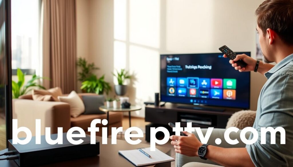 A modern living room scene showcasing the IPTV Bears setup process. In the foreground, a sleek television is connected to a set-top box with various colorful streaming app icons displayed on the screen. A person in casual attire is intently setting up the device, with a remote in one hand and a smartphone in the other, indicating a step-by-step activation process. The middle ground features a cozy couch adorned with pillows, and a small table holding a laptop and a notepad with technical notes. The background includes a well-lit space with warm tones and houseplants, creating a relaxed atmosphere. Soft, natural lighting filters through a window, casting gentle shadows. The brand "bluefireiptv.com" is visually integrated, but not overtly highlighted, ensuring it blends with the setup process.